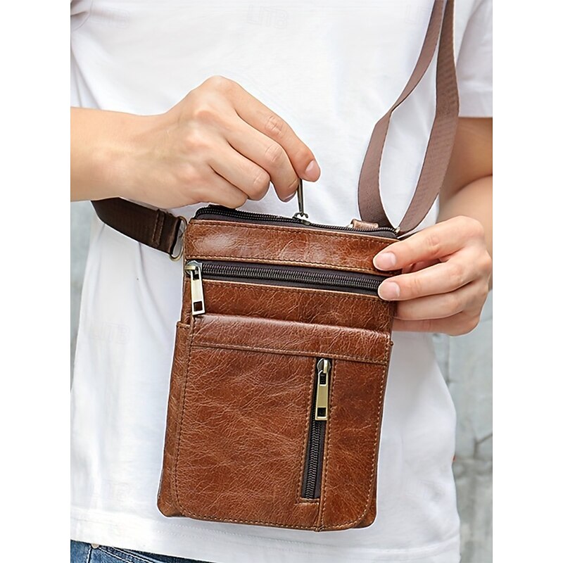 Men's Genuine Leather Vintage Brown Crossbody Bag – Multi-Pocket Shoulder Bag for Travel, Work and Everyday Use Black Brown Coffee