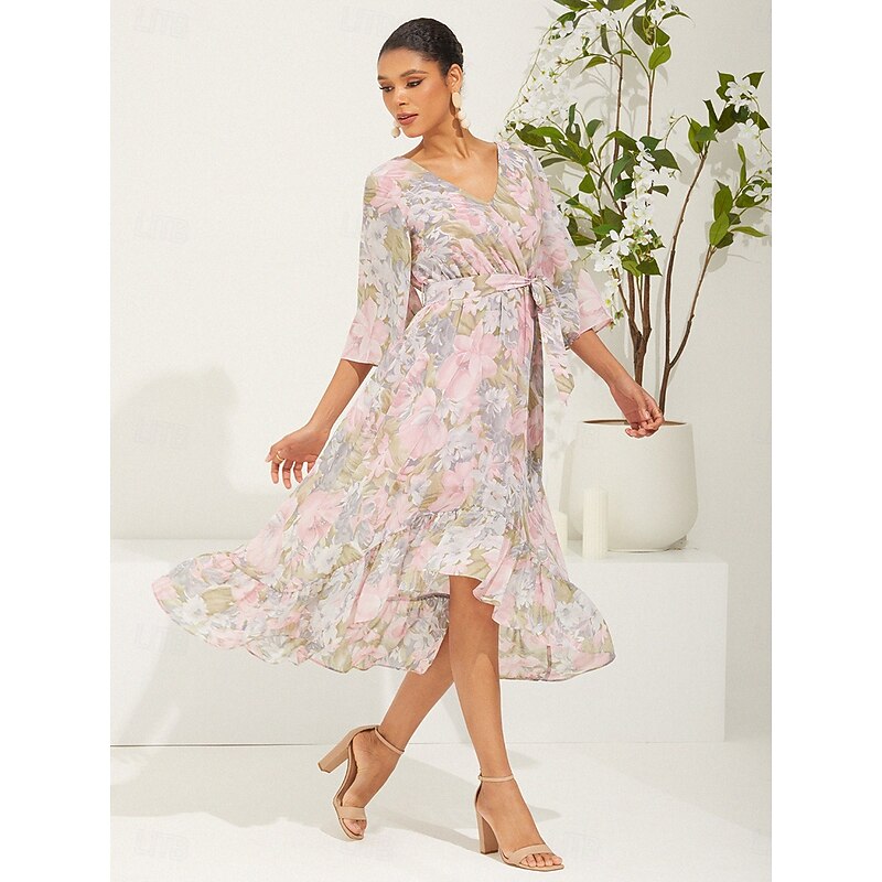 Women's Long Dress Maxi Dress Chiffon Dress Elegant Stylish Flutter Sleeve Wedding Vacation Daily Loose Fit Floral 3/4 Length Sleeve V Neck Pink Summer Spring Fall