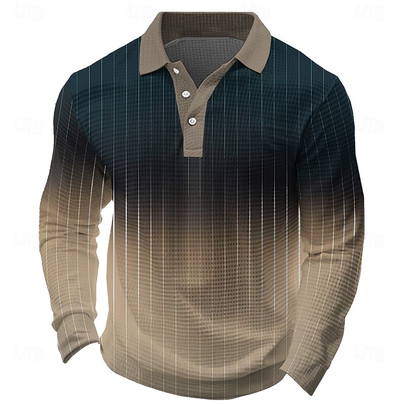 Men's 3D Digital Print Waffle Polo Shirts Long Sleeve Polo Shirts Collared Shirts Casual Outdoor Athleisure Streetwear Buttons Dark Brown Blue Brown