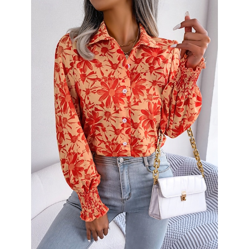 Women's Shirt Blouse Floral Stylish Casual Long Sleeve Shirt Collar Regular Tops Daily Buttons Print Blue Orange Summer Spring Fall4