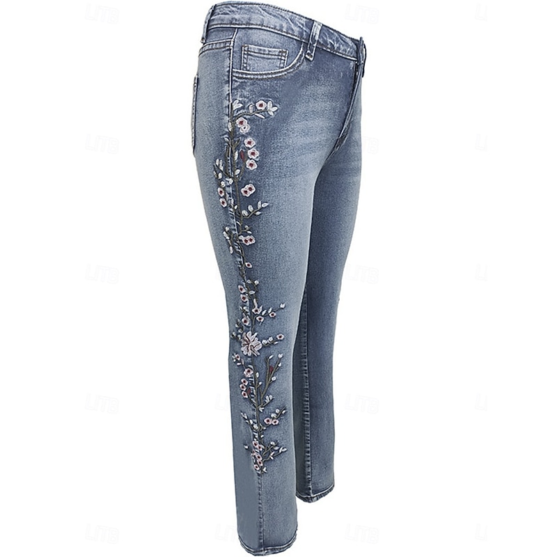 Women's Normal Jeans Stylish Retro Vintage Full Length High Waist Floral Pocket Comfy Breathable Micro-elastic Outdoor Street Blue Spring &  Fall Spring, Fall, Winter, Summer Regular Fit3