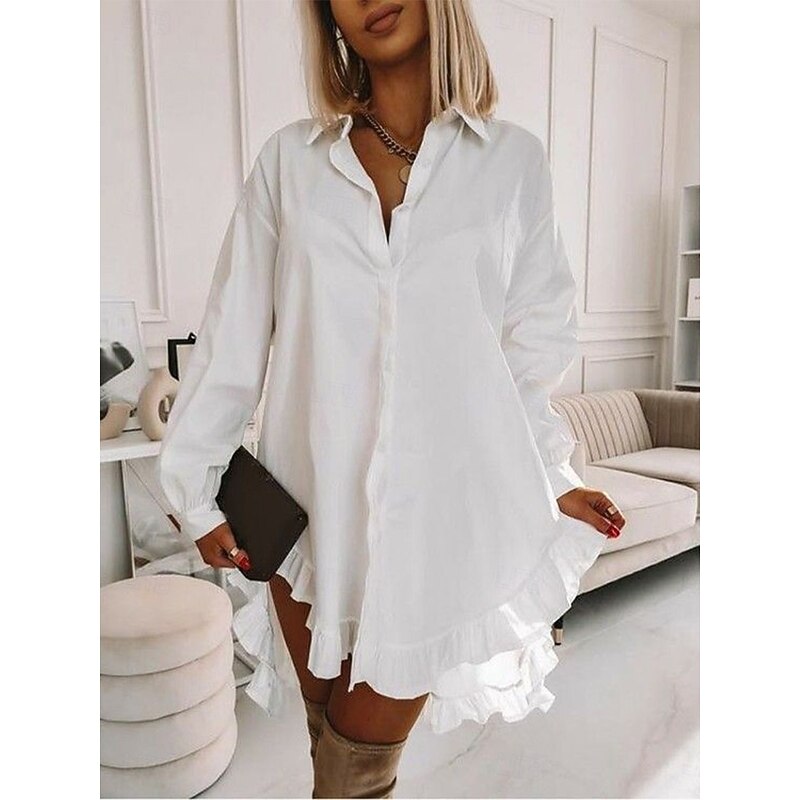 Women's Mini Dress White Dress Shirt Dress Casual Dress Stylish Basic Casual Vacation Daily Regular Fit Plain Long Sleeve Shirt Collar White Summer Spring2