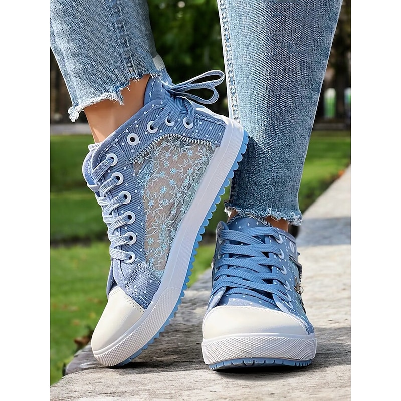 Women's Blue Lace-Up High-Top Canvas Sneakers with Embroidered Mesh Panels, Polka Dot Design for Casual and Outdoor Wear