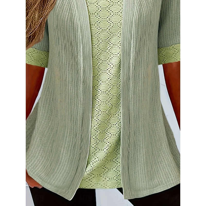 Women's Shirt Blouse Solid Color Stylish Casual Short Sleeve Crew Neck Regular Tops Daily Lace Patchwork Black Green Summer3