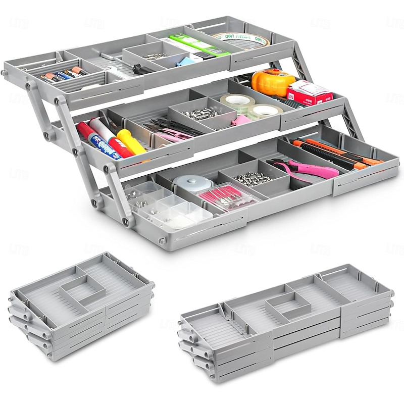 Multi-Level Smart Drawer Organizer, 3-Tier Expandable Desk Drawer Organizer, Folding Storage Tray for Office, Home, Kitchen, Makeup, Jewelry, Junk Drawer Organization