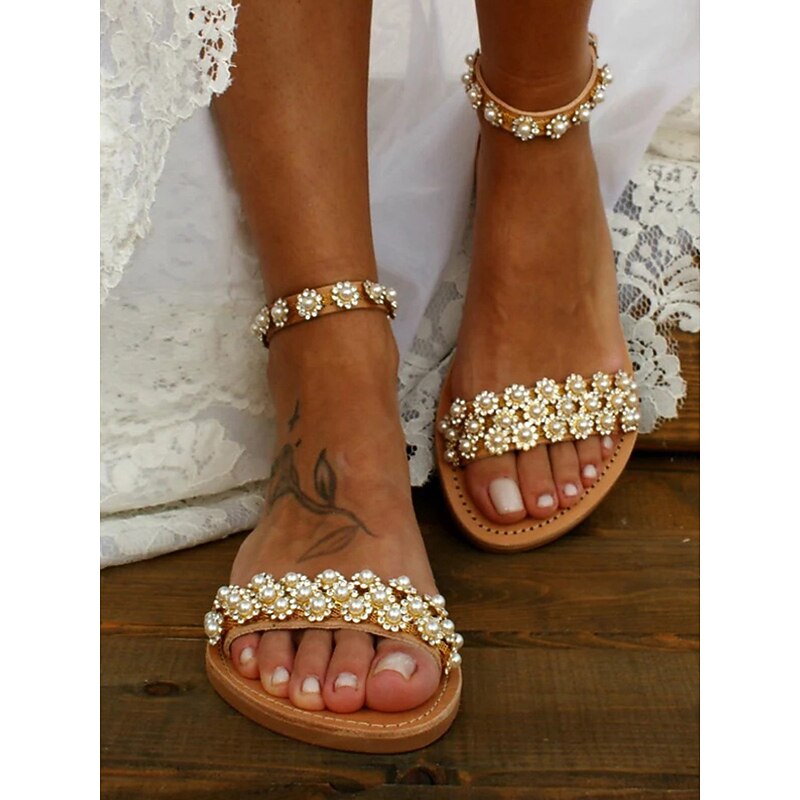 Boho Chic Floral Beaded Flat Sandals with Ankle Straps for Women's Summer Outfits and Wedding3