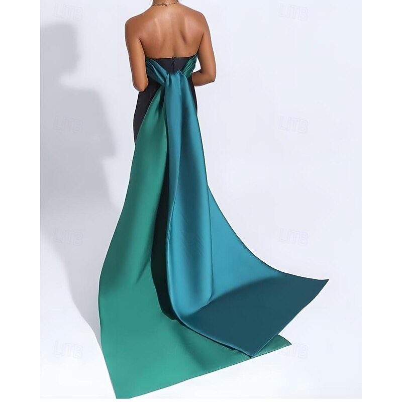 A-Line Evening Gown Celebrity Style Color Block Dress Carnival Wedding Reception Sweep / Brush Train Sleeveless One Shoulder Satin2