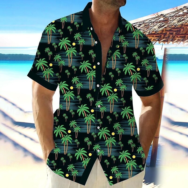 Men's Coconut Tree Tropical Plants Summer Hawaiian Shirt Button Up Shirt Aloha Shirt Short Sleeve Hawaiian Resort Vacation Holiday Beach Wear Summer Spring Turndown 3D Print Collared Shirts Black