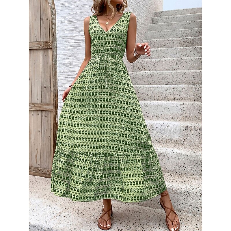 Women's Maxi Dress Casual Dress Swing Dress A Line Dress Tank Dress Stylish Casual Vacation Daily Regular Fit Geometric Sleeveless V Neck Green Apricot Summer4