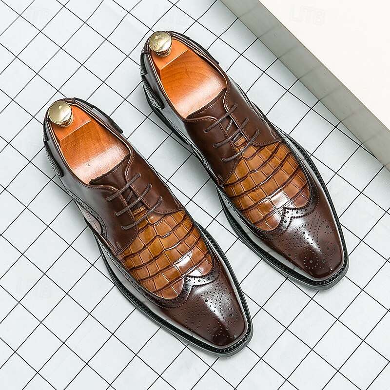 Men's Brown Faux Leather Oxford Shoes with Crocodile Pattern and Brogue Detailing – Elegant Dress Shoes for Formal Events and Office Wear2