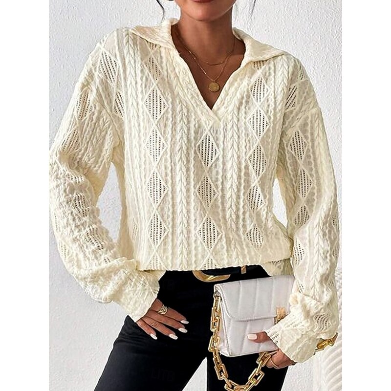 Women's White Elegant Lace Tops Eyelet Blouse Casual Plain Regular Tops Long Sleeve Shirt Collar Lace Regular Fit Work Daily Romantic Petite Tops Summer Holiday Wear Beige3