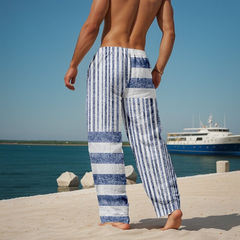 Men's Geometric Striped Trousers Casual Pants Drawstring Elastic Waist Casual Outdoor Vacation Holiday Side Pockets Straight Leg Trousers Summer Spring Fall 3D Print Blue Sky Blue Gray4