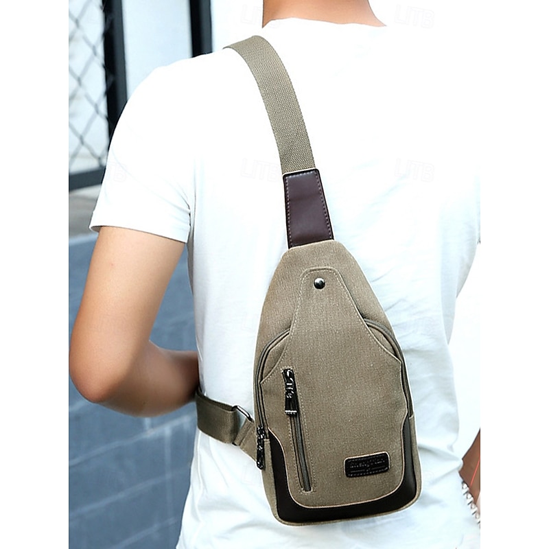 Men's Canvas Sling Bag - Durable Crossbody Shoulder Backpack with Zipper Pockets, Casual Style for Travel, Hiking and Daily Use Black Army Green Blue