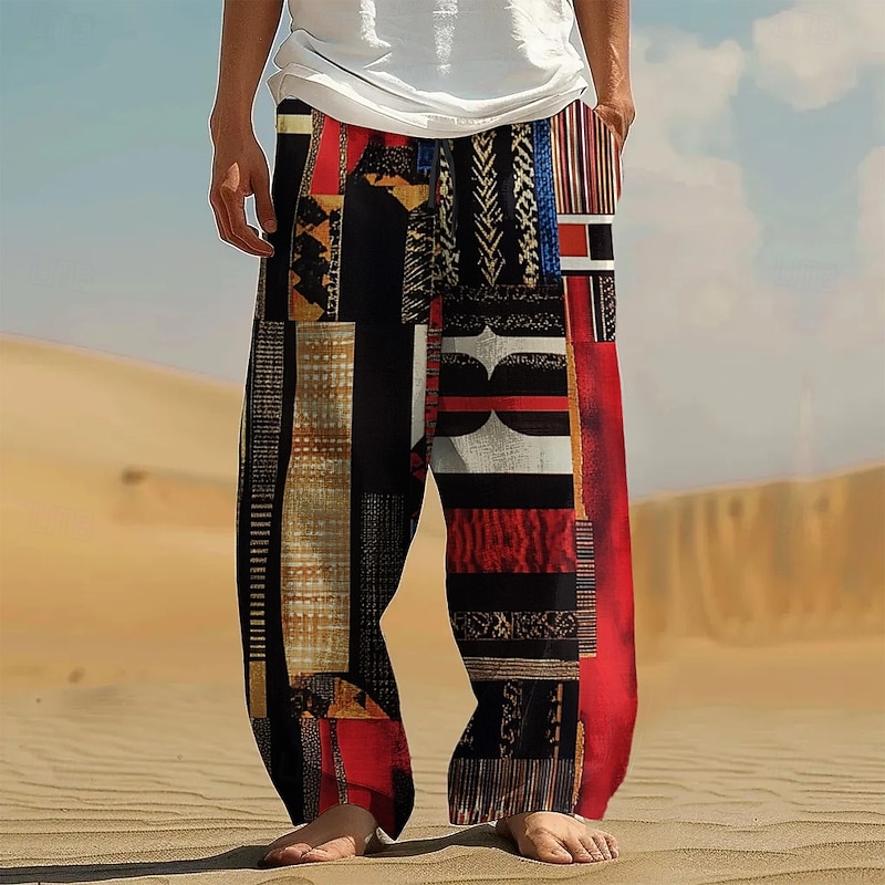 Men's Color Block Patchwork Geometric Pattern Trousers Casual Pants Drawstring Elastic Waist Hawaiian Ethnic Vintage Retro Outdoor Vacation Holiday Side Pockets Straight Leg Trousers Summer Spring