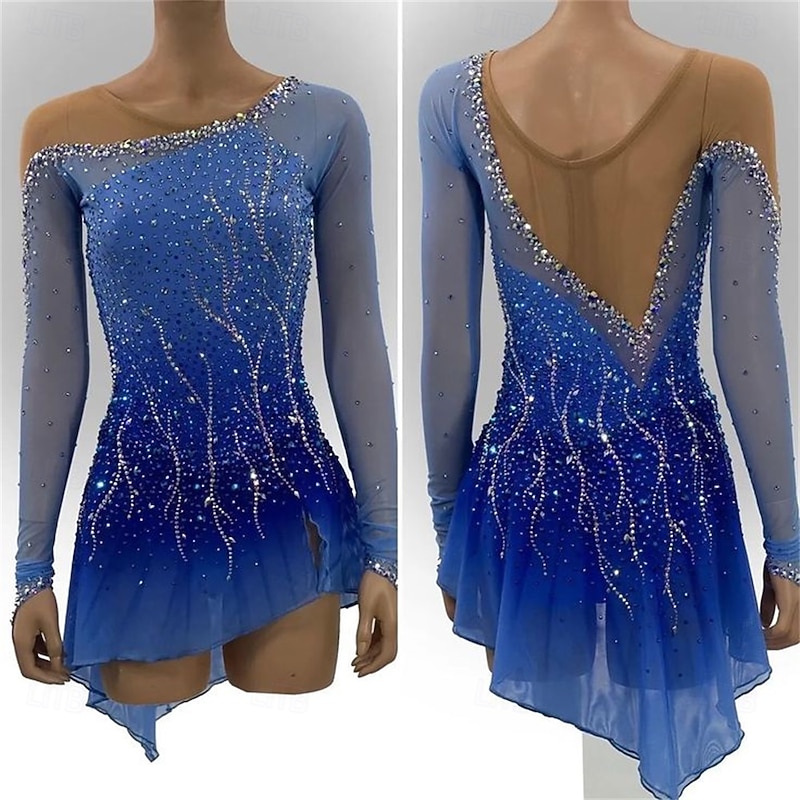 Figure Skating Dress Women's Girls' Ice Skating Dress Blue Patchwork Asymmetric Hem Mesh Spandex Stretchy Training Practice Professional Skating Wear Crystal / Rhinestone Long Sleeve Figure Skating3