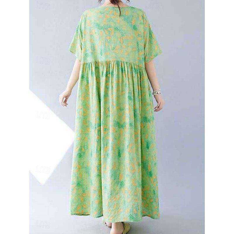 Women's Maxi Dress Cotton Linen Dresses Casual Dress Swing Dress Cotton Maxi Dress Basic Casual Vacation Daily Regular Fit Floral Short Sleeve Crew Neck Green Summer4