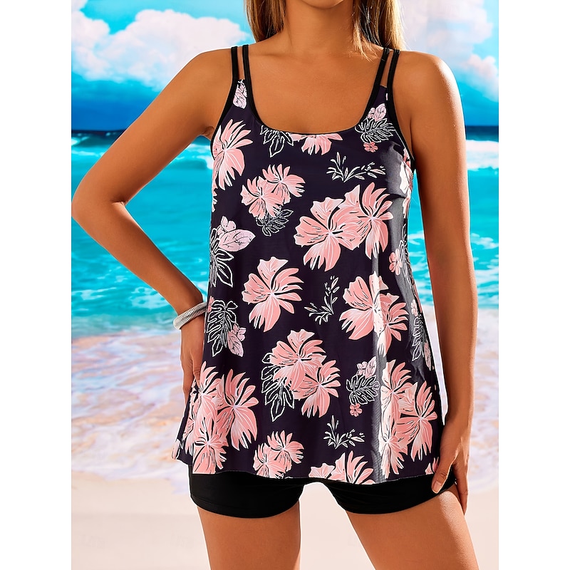 Women's Swimsuits Swimdresses 2 Piece Tankini Swimsuit Backless Vacation Beach Wear Floral U Neck Sleeveless Bathing Suits