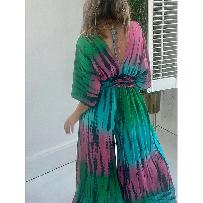 Women's Normal Jumpsuit Active Tie Dye Half Sleeve V Neck High Waist Vacation Daily Regular Fit Green Summer2