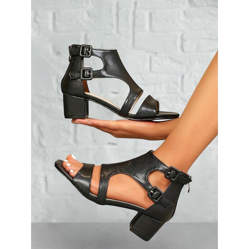 Black Faux Leather Cut-Out Block Heel Sandals for Women - Elegant Summer Work Shoes with Double Buckle Straps4