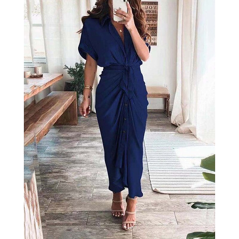 Women's Long Dress Maxi Dress Shirt Dress Casual Dress Summer Dress Stylish Casual Vacation Daily Date Regular Fit Plain Short Sleeve Lapel Black Champagne Red Light Purple Summer Spring3