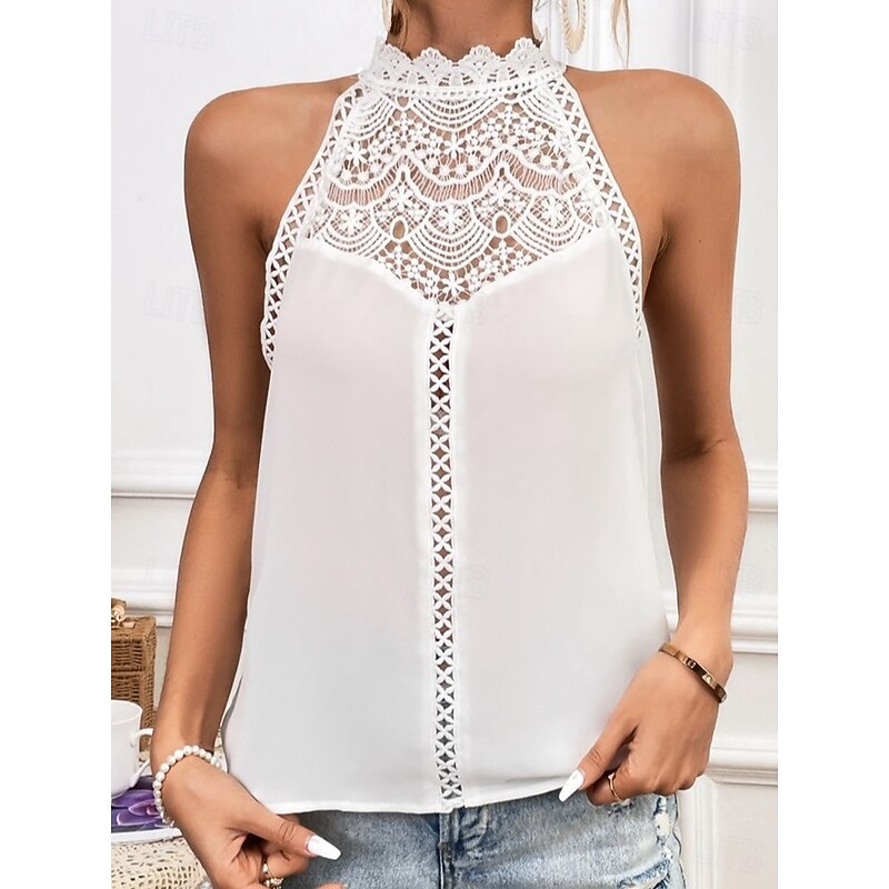 Women's Camisole Tank Top Solid Color Stylish Casual Sleeveless Sleeveless Crew Neck Regular Tops Work Daily Going out Lace Black White Summer Spring4