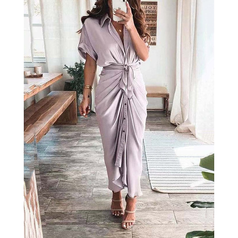 Women's Long Dress Maxi Dress Shirt Dress Casual Dress Summer Dress Stylish Casual Vacation Daily Date Regular Fit Plain Short Sleeve Lapel Black Champagne Red Light Purple Summer Spring2