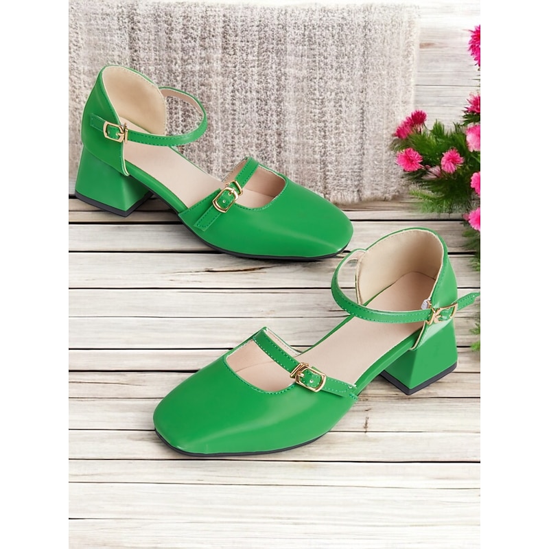 Women's Retro Mary Jane Block Heel Shoes – Vibrant Green Patent Leather with Adjustable Straps, Perfect for Office, Parties, and Casual Outfits