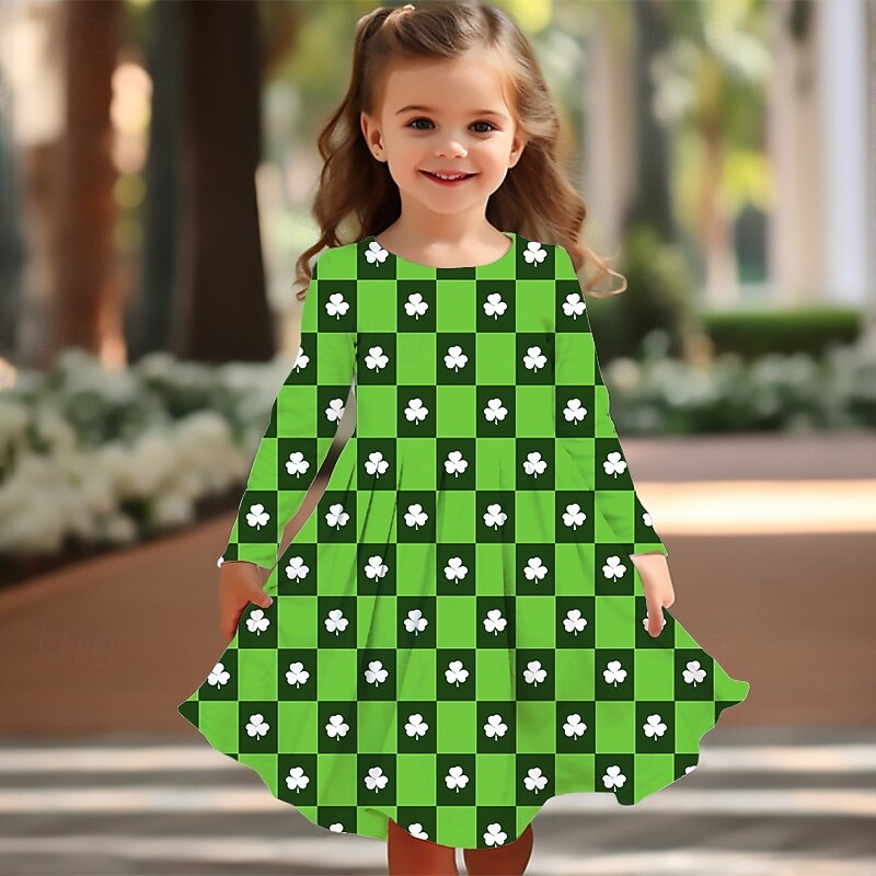 St. Patrick Girls' 3D Graphic Four Leaf Clover Dress Long Sleeve Summer Spring Vacation Daily Holiday Princess Beautiful Sweet Kids 4-12 Years Casual Dress A Line Dress Knee-length Regular Fit2