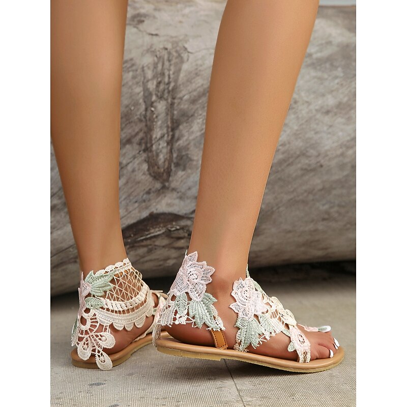 Women's Boho Lace Floral Flat Sandals – Vintage-Inspired Beach Wedding or Summer Casual Shoes3