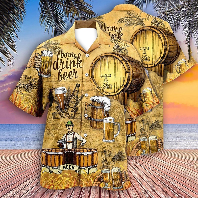 Men's Graphic Prints Beer Shirt Summer Hawaiian Shirt Aloha Shirt Short Sleeve Tropical Fashion Hawaiian Casual Hawaiian Holiday Summer Spring Turndown Print Button-Down Light Yellow Black Yellow