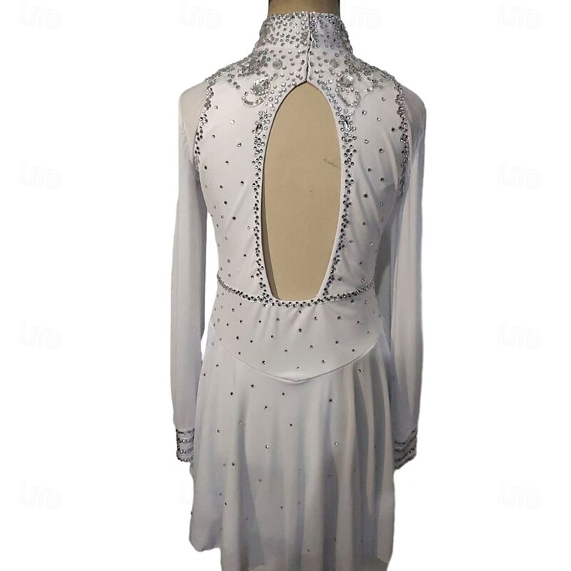 Figure Skating Dress Women's Girls' Ice Skating Dress White Patchwork Open Back Mesh Spandex Stretchy Training Practice Professional Skating Wear Crystal / Rhinestone Long Sleeve Figure Skating2