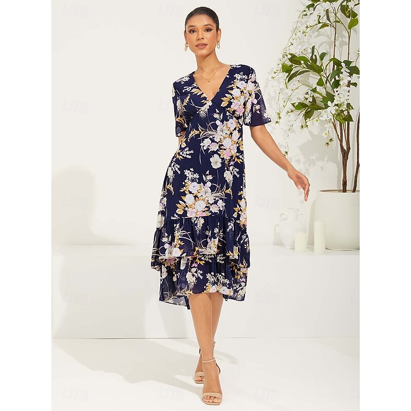 Women's Tea Length Chiffon Dress Elegant Flared Sleeve Vacation Daily Date Regular Fit Floral Short Sleeve V Neck Dark Blue Summer4
