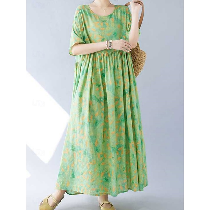 Women's Maxi Dress Cotton Linen Dresses Casual Dress Swing Dress Cotton Maxi Dress Basic Casual Vacation Daily Regular Fit Floral Short Sleeve Crew Neck Green Summer