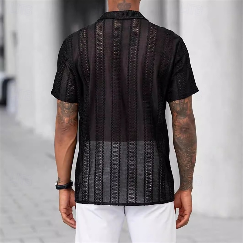 Men's Shirt Summer Shirt Casual Shirt Button Up Shirt Black White Short Sleeve Plain Collar Vacation Daily Clothing Apparel Fashion Casual Comfortable3
