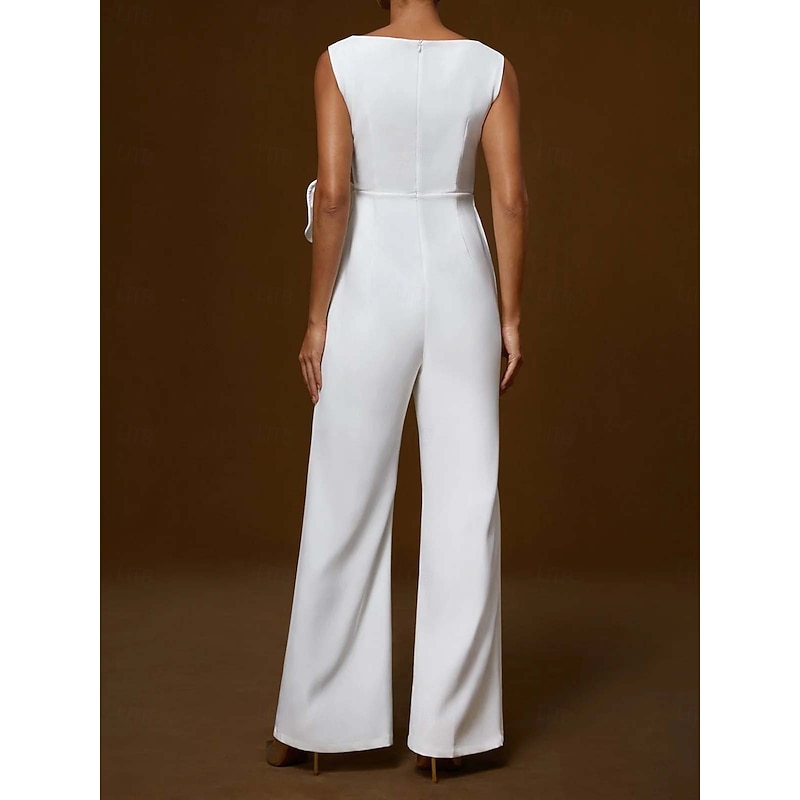 Jumpsuits Evening Gown Elegant Dress Wedding Wedding Guest Floor Length Sleeveless Boatneck Satin with Floral Bows Asymmetrical Hem3