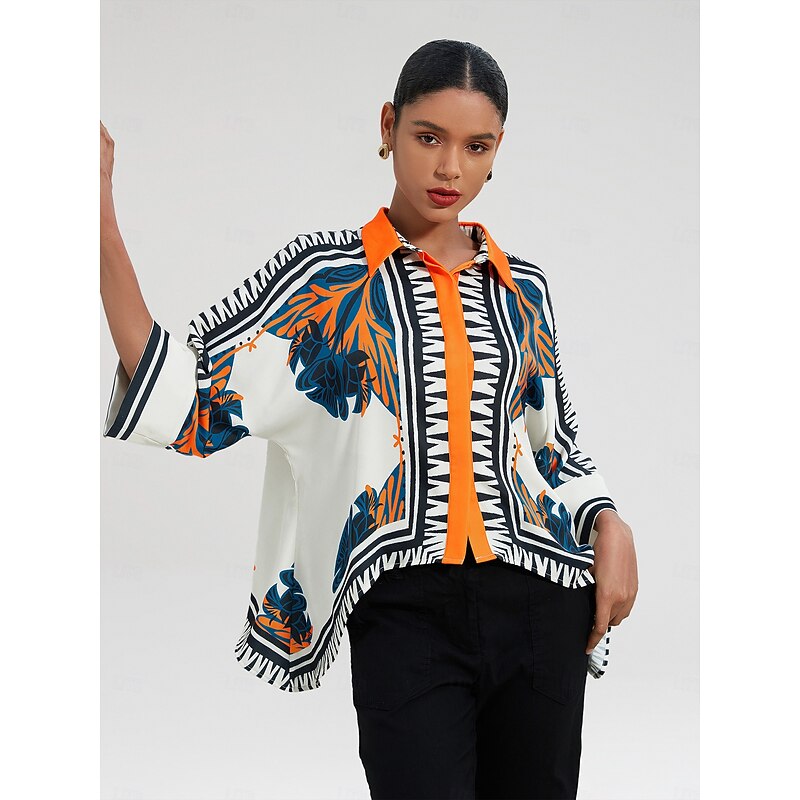 Women's Satin Silk Shirt Plaid / Striped / Chevron / Round Flower / Plants Daily Wear Magyar Sleeve Black Color Block Printing Geometrical 3/4-Length Sleeve Modern Contemporary Shirt Collar Spring