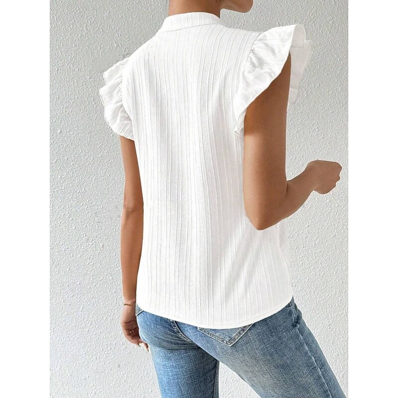 Women's Shirt Blouse Solid Color Stylish Casual Sleeveless Notched Neck Regular Tops Daily Embroidered White Summer2
