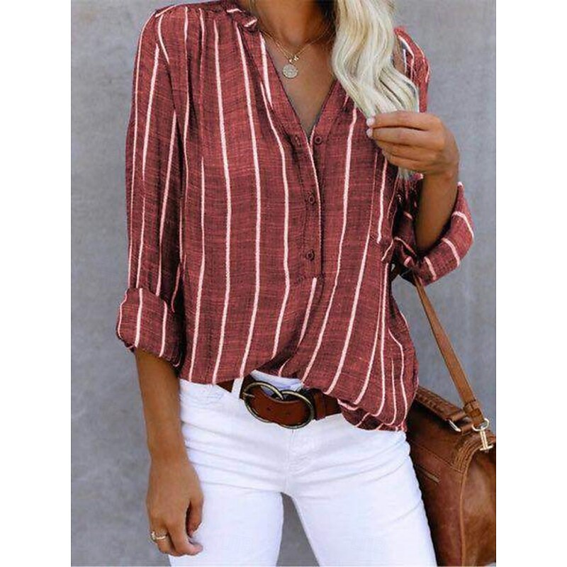 Women's Shirt Blouse Striped Stylish Casual Long Sleeve Shirt Collar Regular Tops Daily Buttons Print White Khaki Gray Summer Spring3