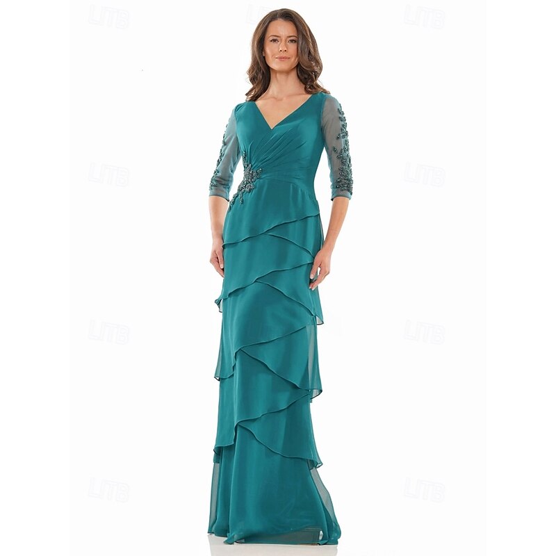 A-Line Dress Mother of the Bride Dress Formal Elegant V Neck Floor Length Chiffon 3/4 Length Sleeve with Tier Cascading Ruffles Solid Color2