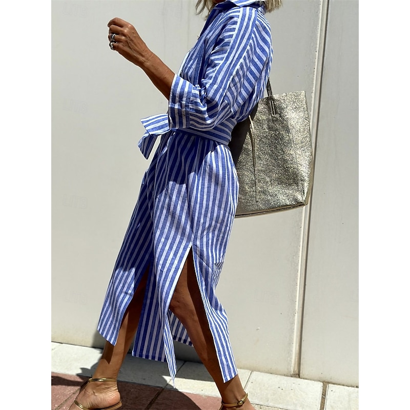 Women's Midi Dress Casual Dress A Line Dress Vintage Cute Stylish Vacation Daily Loose Fit Stripe Half Sleeve Shirt Collar Pink Blue Summer Spring Fall2