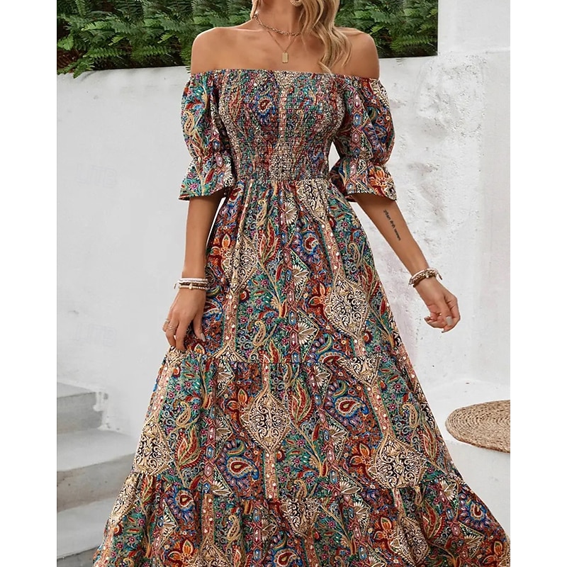 Women's Long Dress Maxi Dress A Line Dress Summer Dress Boho Dress Elegant Bohemia Stylish Vacation Daily Date Regular Fit Graphic Short Sleeve Off Shoulder Green Dark Blue Summer3