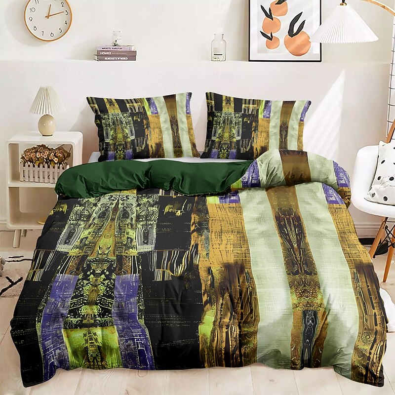 Color Block Patchwork Duvet Cover Set Modern Geometric Bedding Vibrant Multicolor Design Soft Durable Microfiber Quilt Cover with Pillowcases