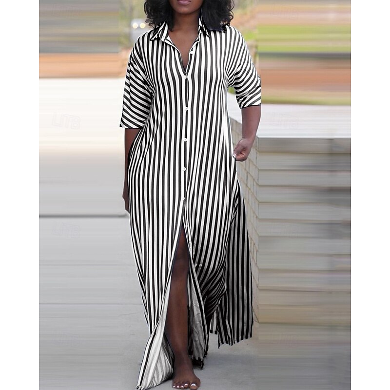 Women's Long Dress Maxi Dress Shirt Dress Casual Dress Summer Dress Stylish Casual Vacation Daily Date Regular Fit Stripe Half Sleeve Lapel Black Red Blue Green Summer Spring2