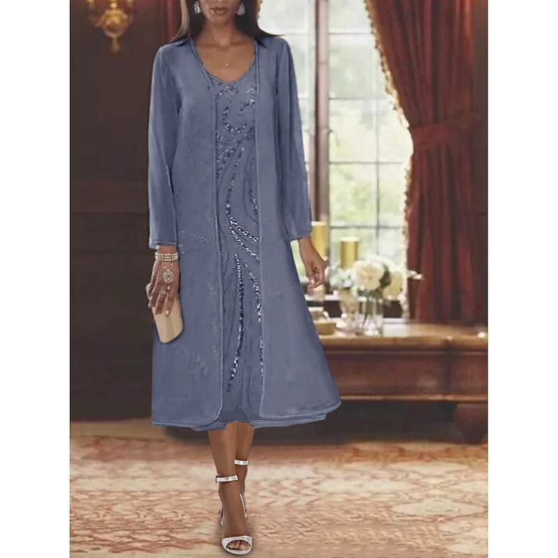 Beach Wedding Two Piece A-Line Mother of the Bride Dress Formal Wedding Guest Elegant V Neck Tea Length Chiffon Lace Sleeveless Jacket Dresses with Beading Sequin 6