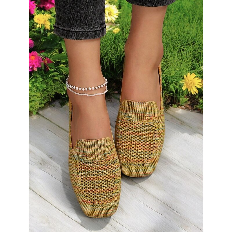 Women's Foldable Yellow Knit Flats with Breathable Design  - Lightweight Travel Shoes for Casual and Outdoor Activities4