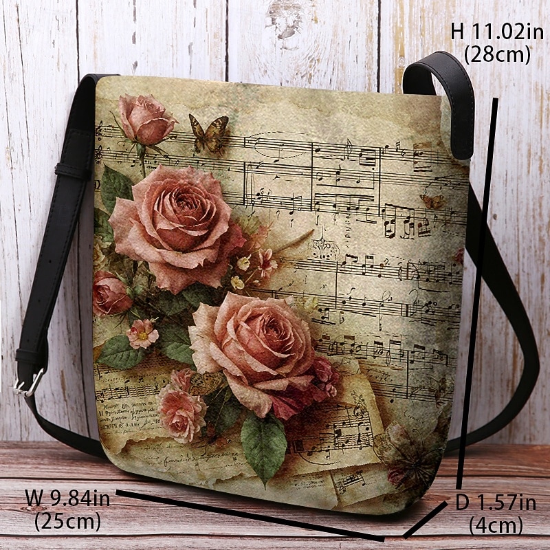 Vintage Floral Music Note Shoulder Bag for Women – Artistic Rose Print Crossbody Bag, Perfect for Casual Outings, Shopping and Everyday Use3