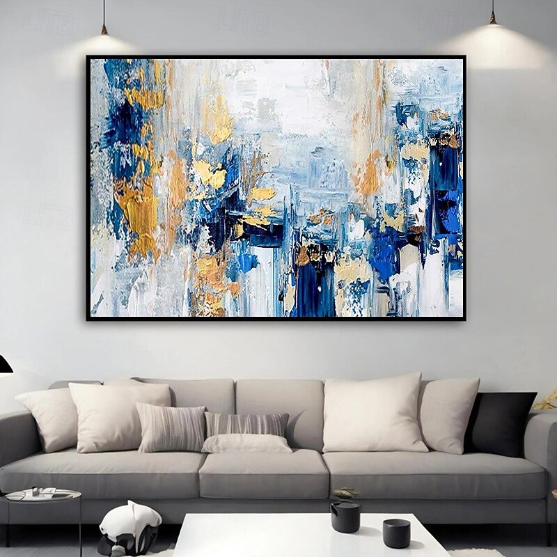 Handmade Abstract Thick Oil Painting On Canvas Modern Blue Gold Knife Texture Paintings Hand Paint Large Wall Art For Home Decor Frame Ready To Hang Or No Frame4