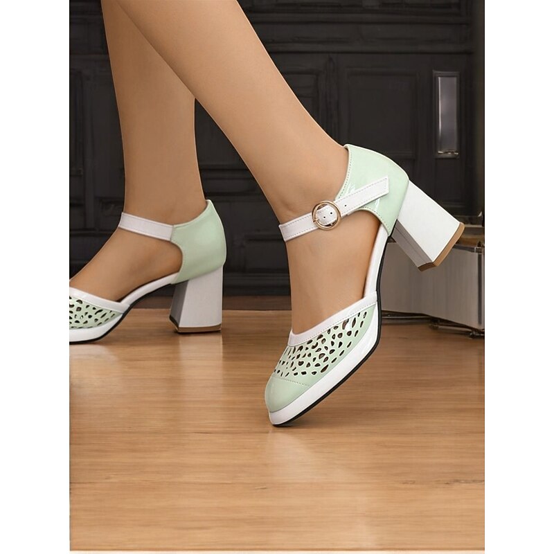 Women's Sage Green Cutout Heels with Adjustable Ankle Strap – Stylish and Comfortable Block Heels for Work, Casual Outings and Spring/Summer Events3
