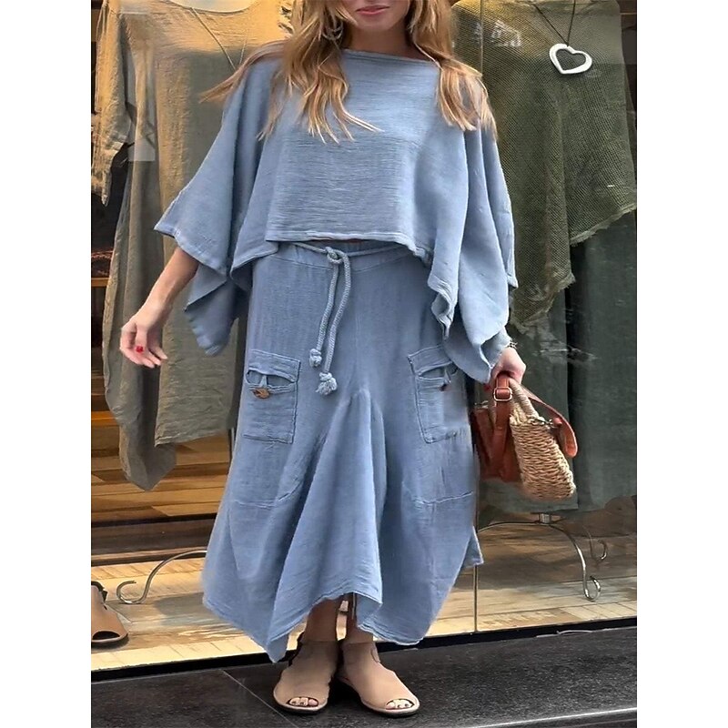 Women's Dress Set Casual Dress Skirt Set Casual Plain Pocket Midi Dress 3/4 Length Sleeve Crew Neck Outdoor Daily Blue Spring Fall Loose Fit4