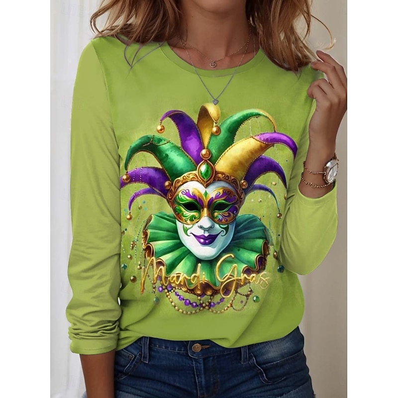 Valentine's Day Women's T shirt Crew Neck Long Sleeve Tunic Heart Casual  Regular Tops Daily Print Green Spring Fall